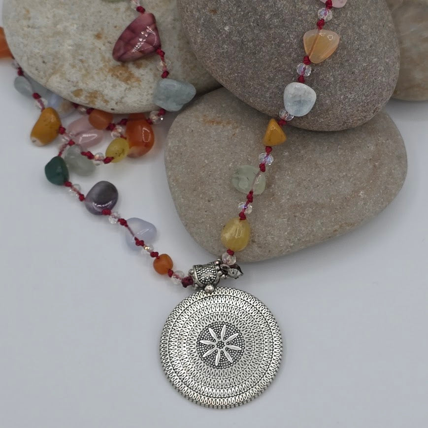 Hand-Knotted Multi-Gem and Crystals Necklace, Bracelet, and Earrings SET