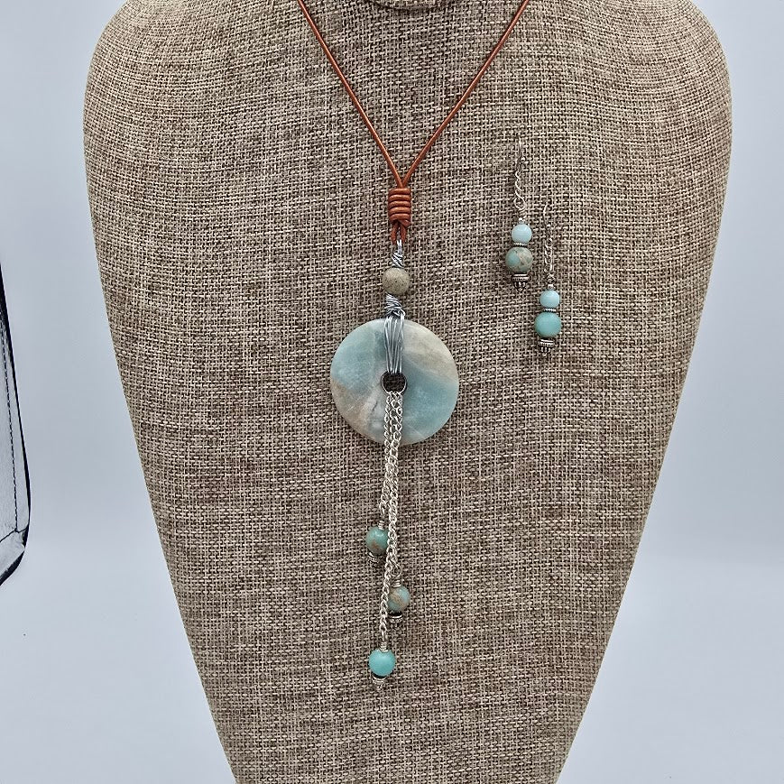 Amazonite Donut &amp; Beads With Silver Tone Chain Tassel &amp; Accents on Pearlized Bronze Leather Necklace - Adjustable Style