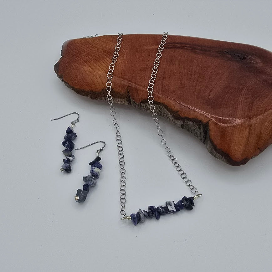 Sodalite Bar Necklace &amp; Earrings Set on Stainless Steel Chain and Ear Wires