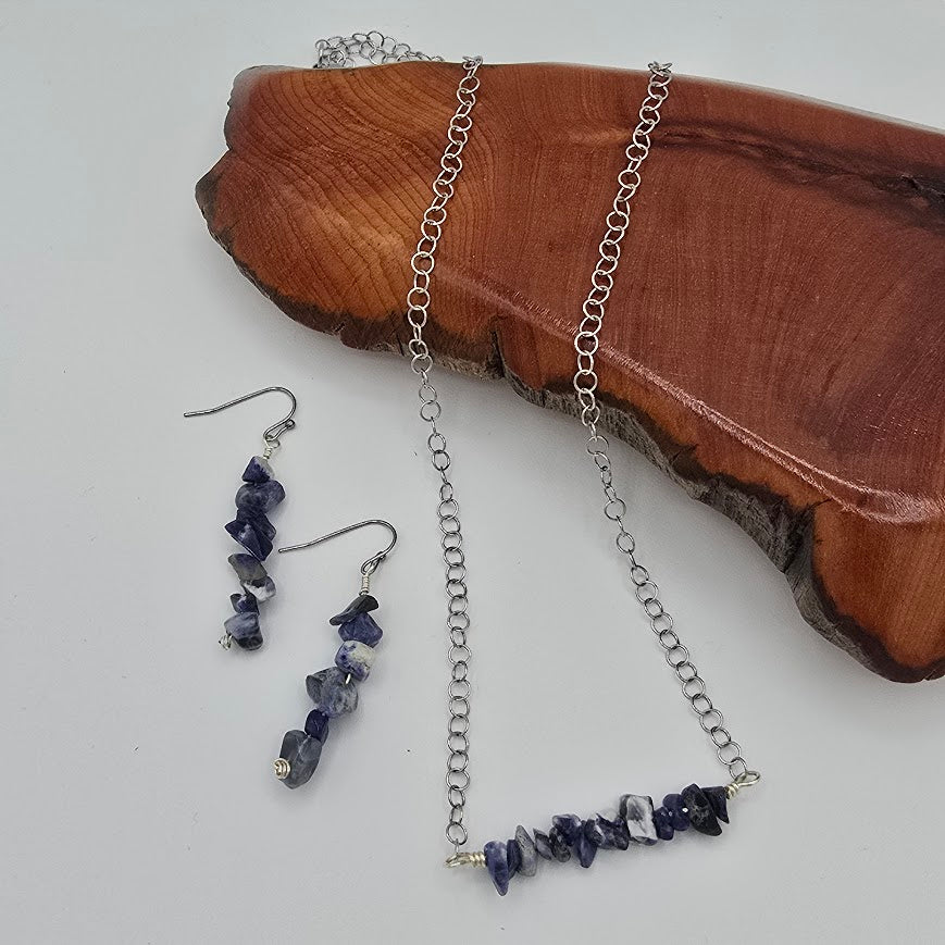 Sodalite Bar Necklace &amp; Earrings Set on Stainless Steel Chain and Ear Wires