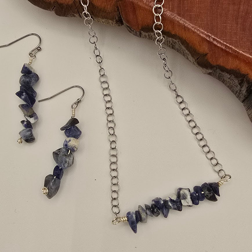 Sodalite Bar Necklace &amp; Earrings Set on Stainless Steel Chain and Ear Wires