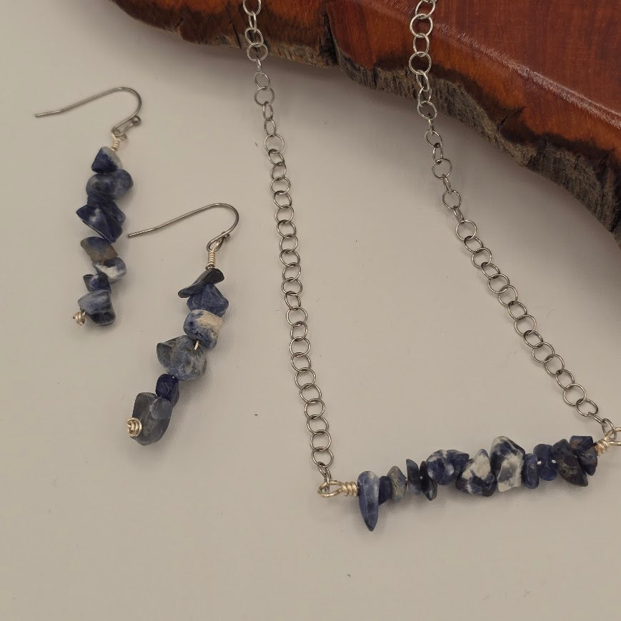 Sodalite Bar Necklace &amp; Earrings Set on Stainless Steel Chain and Ear Wires