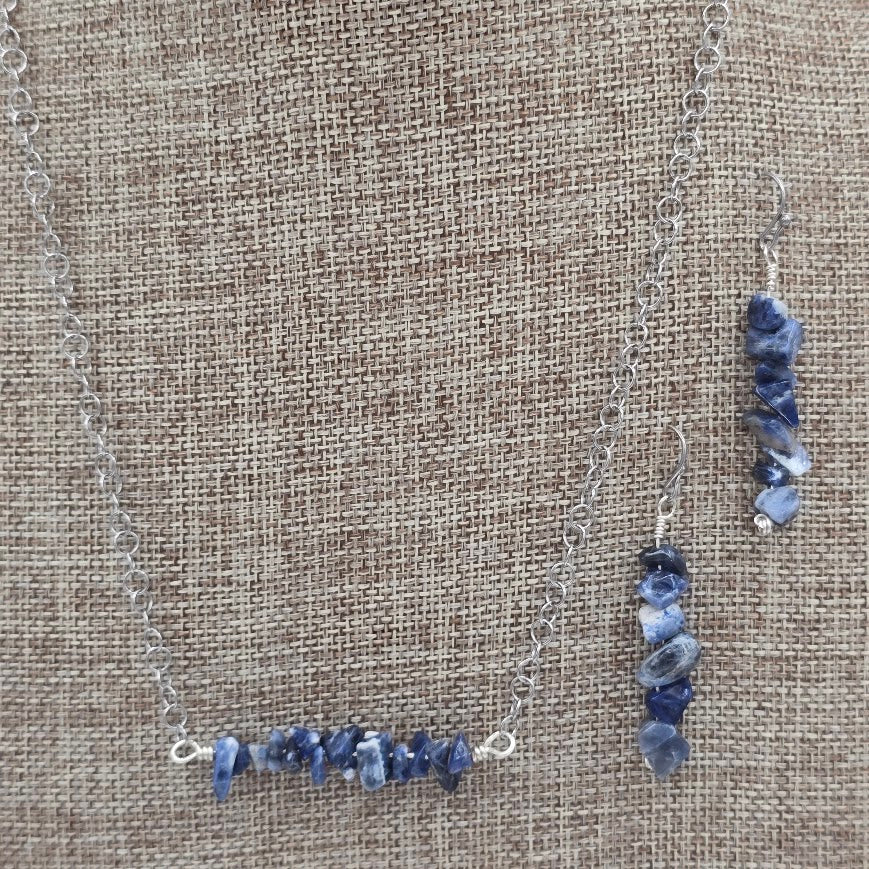 Sodalite Bar Necklace &amp; Earrings Set on Stainless Steel Chain and Ear Wires