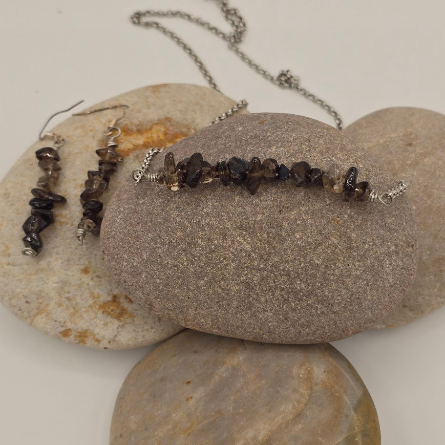 Smoky Quartz Bar Necklace &amp; Earrings on Stainless Steel Chain and Ear Wires