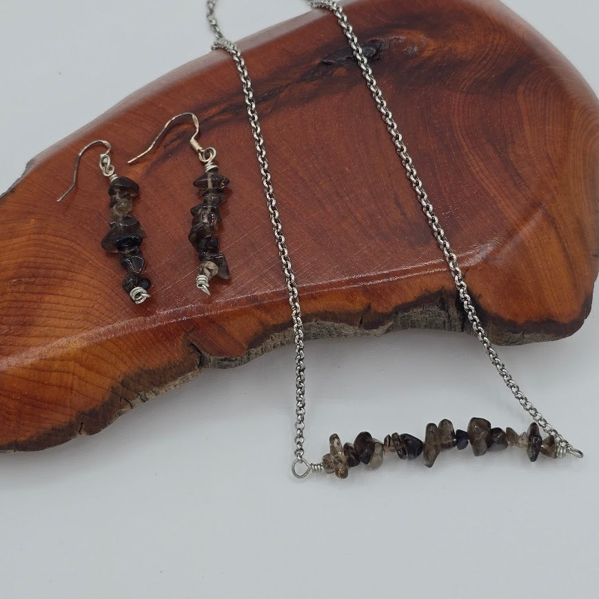 Smoky Quartz Bar Necklace &amp; Earrings on Stainless Steel Chain and Ear Wires
