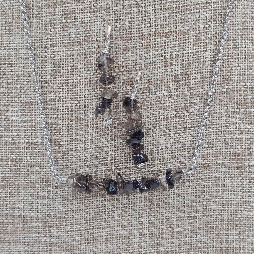 Smoky Quartz Bar Necklace &amp; Earrings on Stainless Steel Chain and Ear Wires