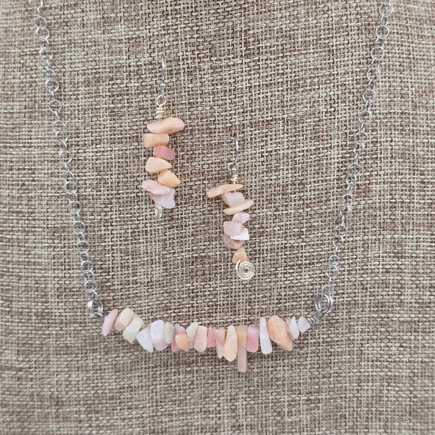 Peruvian Opal Bar Necklace &amp; Earrings on Stainless Steel Chain and Ear Wires