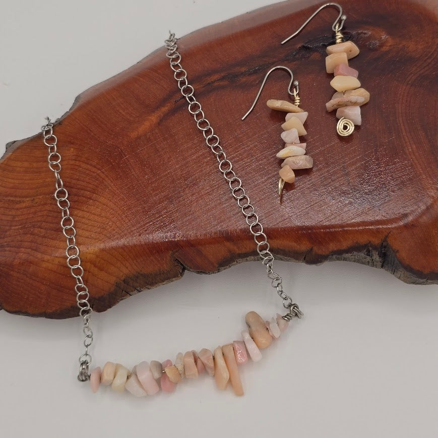 Peruvian Opal Bar Necklace &amp; Earrings on Stainless Steel Chain and Ear Wires