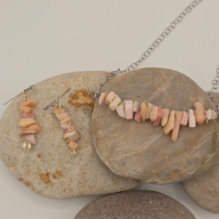 Peruvian Opal Bar Necklace &amp; Earrings on Stainless Steel Chain and Ear Wires