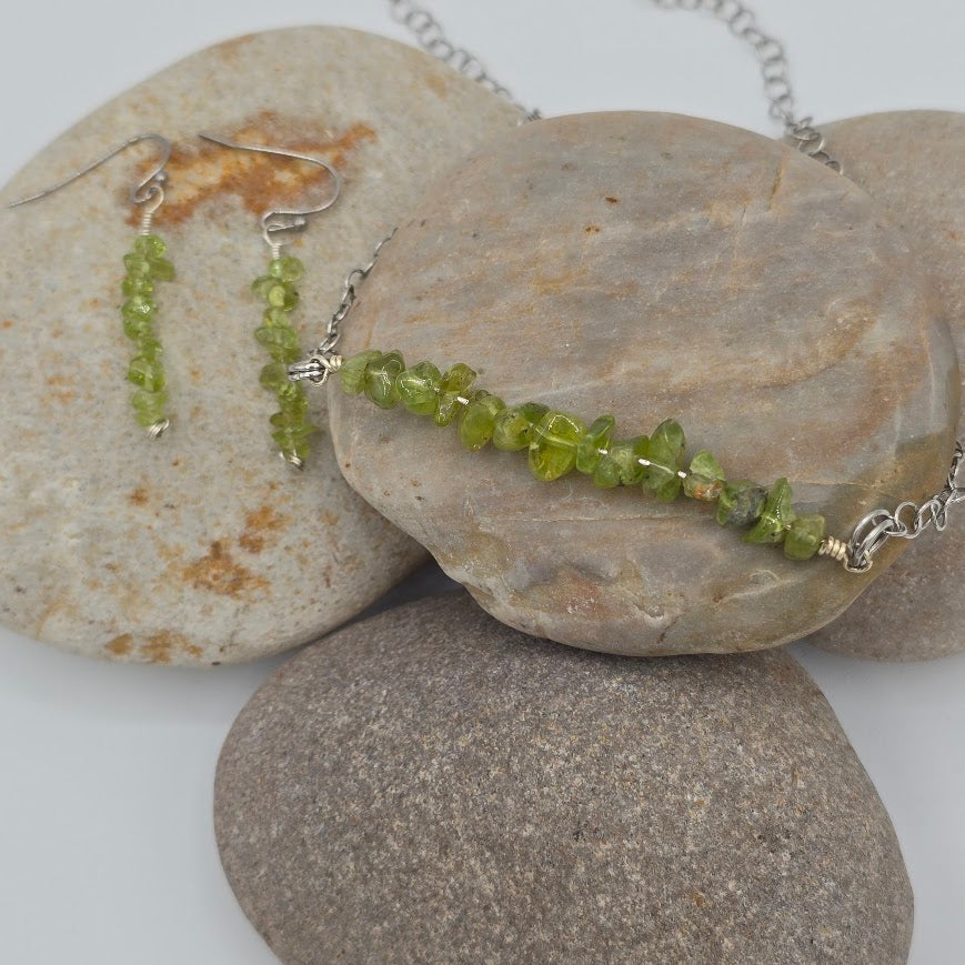 Peridot Bar Necklace &amp; Earrings on Stainless Steel Chain and Ear Wires