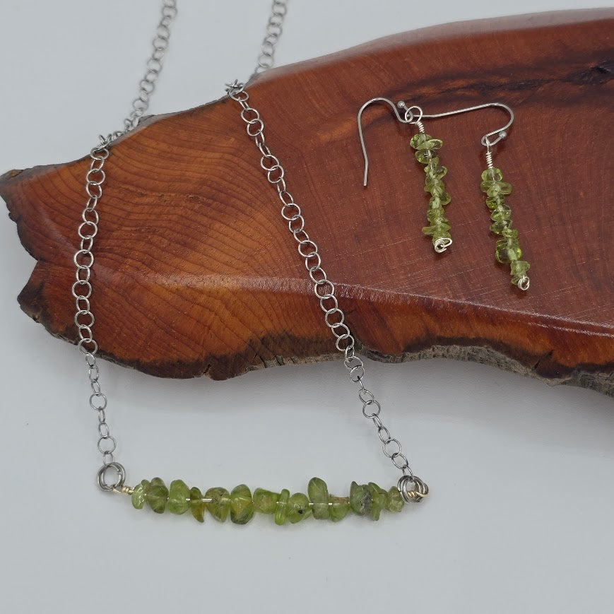Peridot Bar Necklace &amp; Earrings on Stainless Steel Chain and Ear Wires