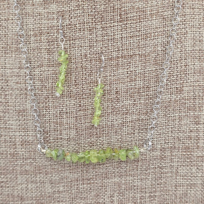 Peridot Bar Necklace &amp; Earrings on Stainless Steel Chain and Ear Wires