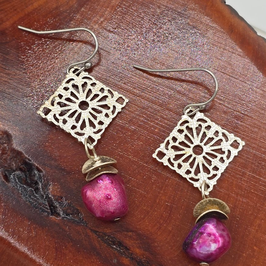 Fuchsia Pearls &amp; Silver Tone Filigree Accents on Stainless Steel Ear Wires