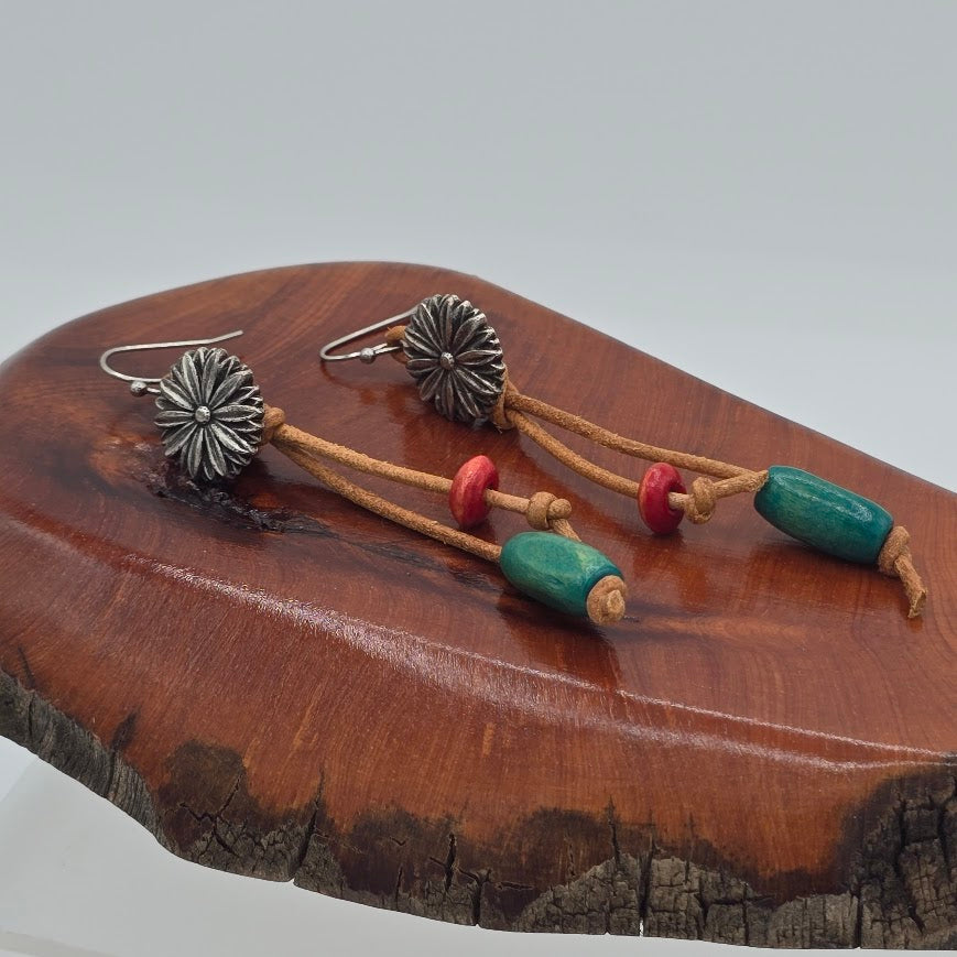 Flower Button Leather Earrings with Wooden Beads and Stainless Steel Ear Wires