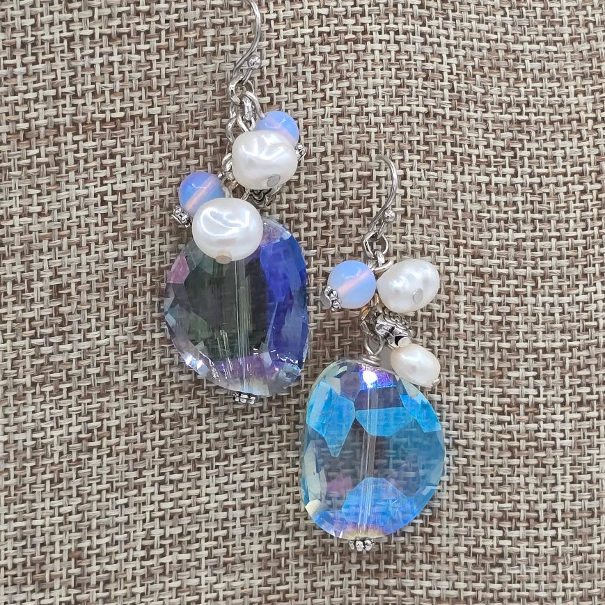 Blue/Purple Crystal Drop Earrings with Pearls & Opalite with Stainless Steel Ear Wires