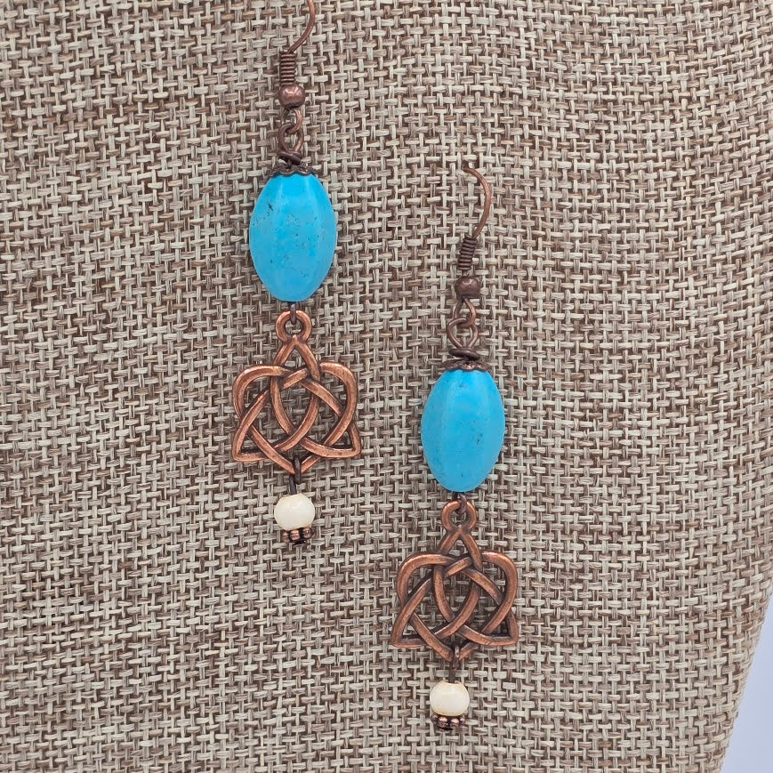 Antique Copper Celtic Love Knot with Blue Howlite and Czech Glass Beads on Antique Copper Ear Wires