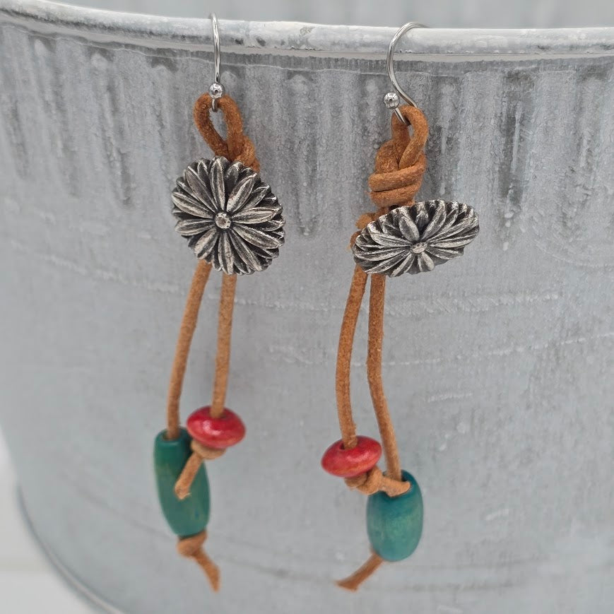 Flower Button Leather Earrings with Wooden Beads and Stainless Steel Ear Wires
