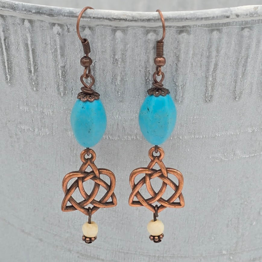 Antique Copper Celtic Love Knot with Blue Howlite and Czech Glass Beads on Antique Copper Ear Wires