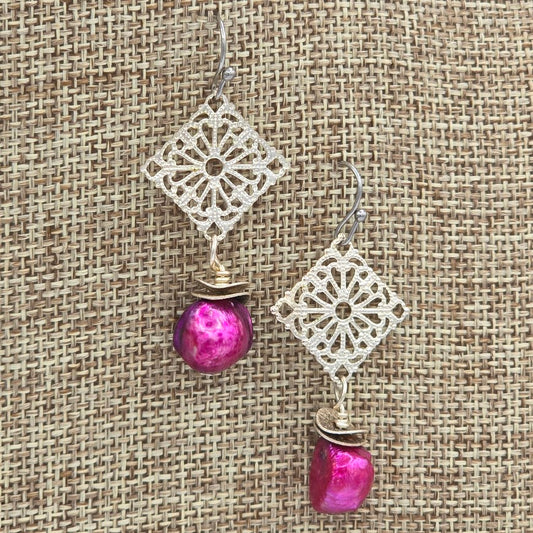 Fuchsia Pearls & Silver Tone Filigree Accents on Stainless Steel Ear Wires