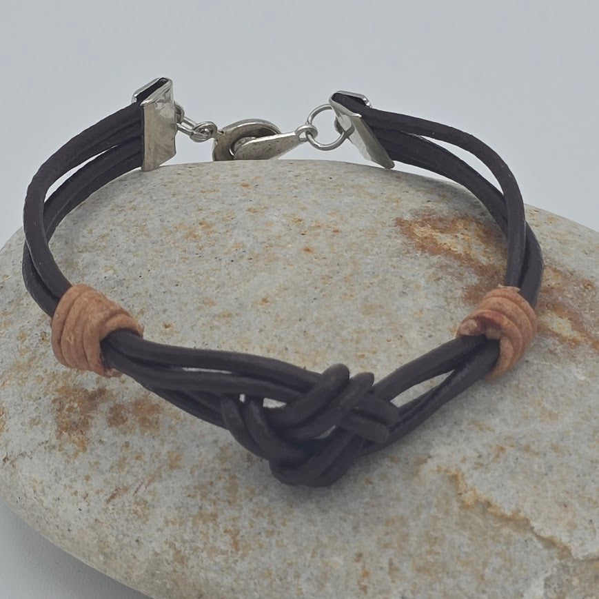 Handmade Jewelry; Dark Brown Leather LOVE Knot; Natural Tan Leather Accents; Tina Lucas; The Cool Collective; Woman-Owned Small Business