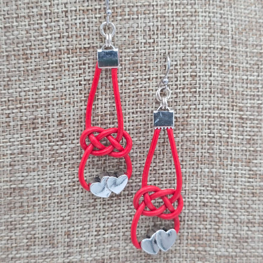 Red Leather Celtic Knot Earrings with Double Hearts Accents on Stainless Steel Ear Wires