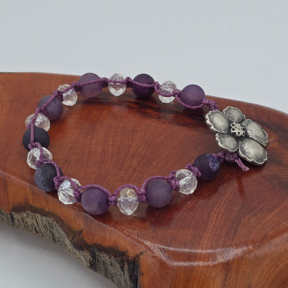 Hand-Knotted Purple Druzy Quartz Bracelet With Dogwood Bloom Button Closure