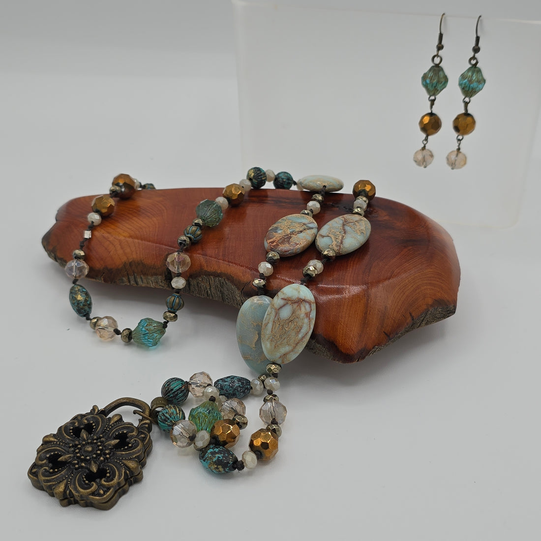 Hand-Knotted Boho Locket, African Opal Jasper Necklace, Czech Glass, and Earrings Set
