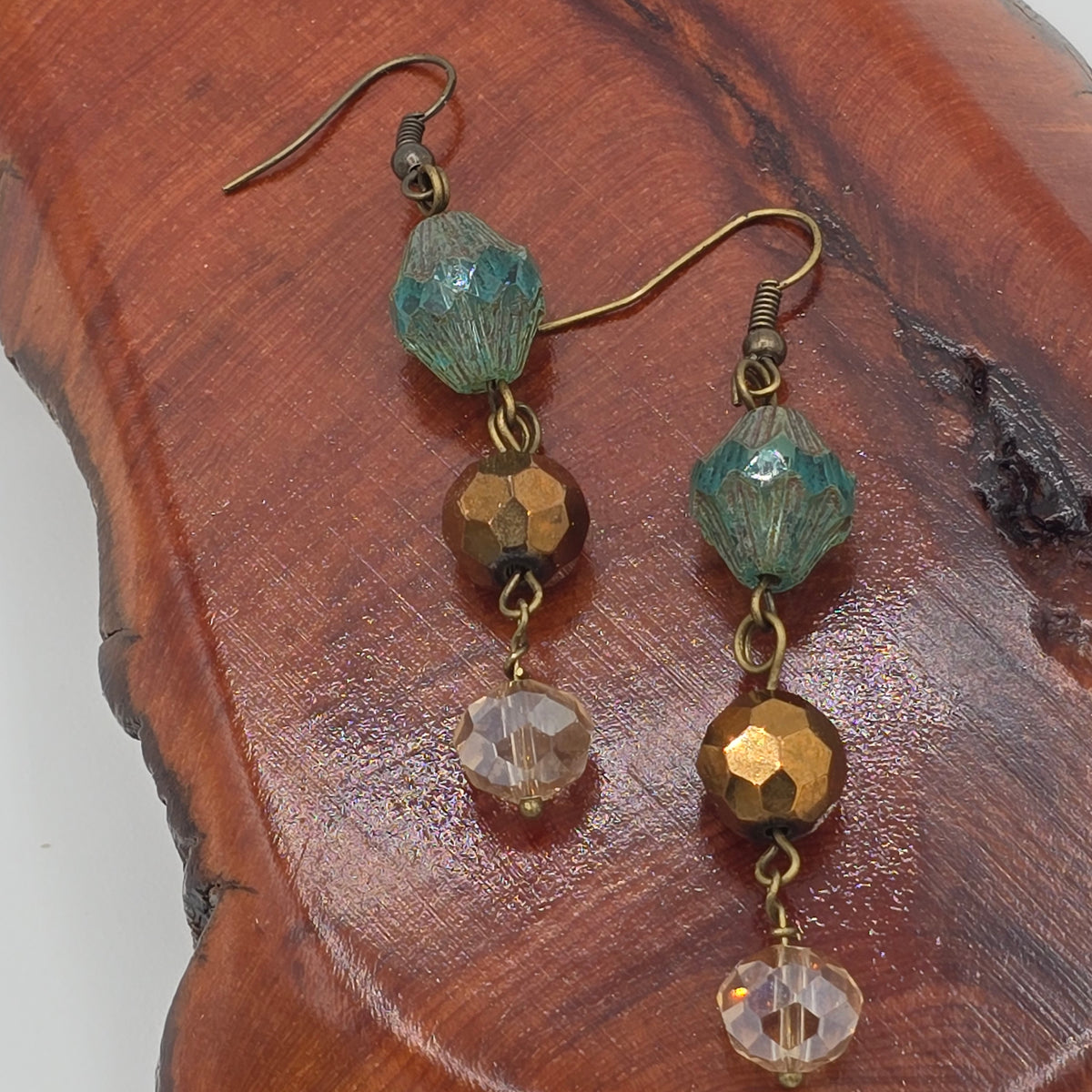 Hand-Knotted Boho Locket, African Opal Jasper Necklace, Czech Glass, and Earrings Set