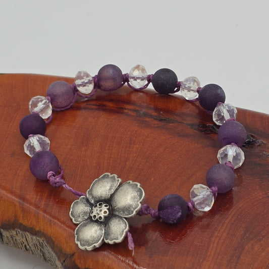 Hand-Knotted Purple Druzy Quartz Bracelet With Dogwood Bloom Button Closure