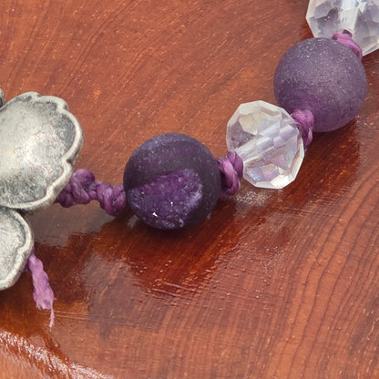 Hand-Knotted Purple Druzy Quartz Bracelet With Dogwood Bloom Button Closure