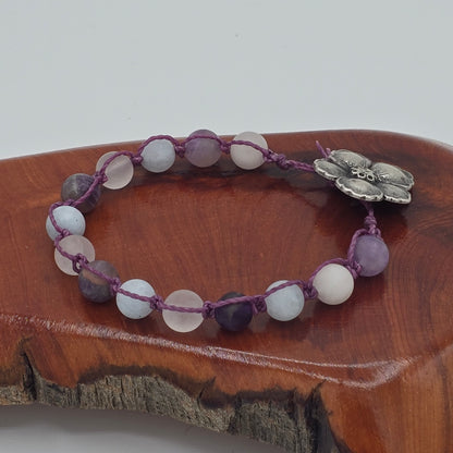 Hand-Knotted Bracelet Featuring Matte Amethyst, Rose Quartz, and Clear Quartz and Dogwood Bloom Button Closure