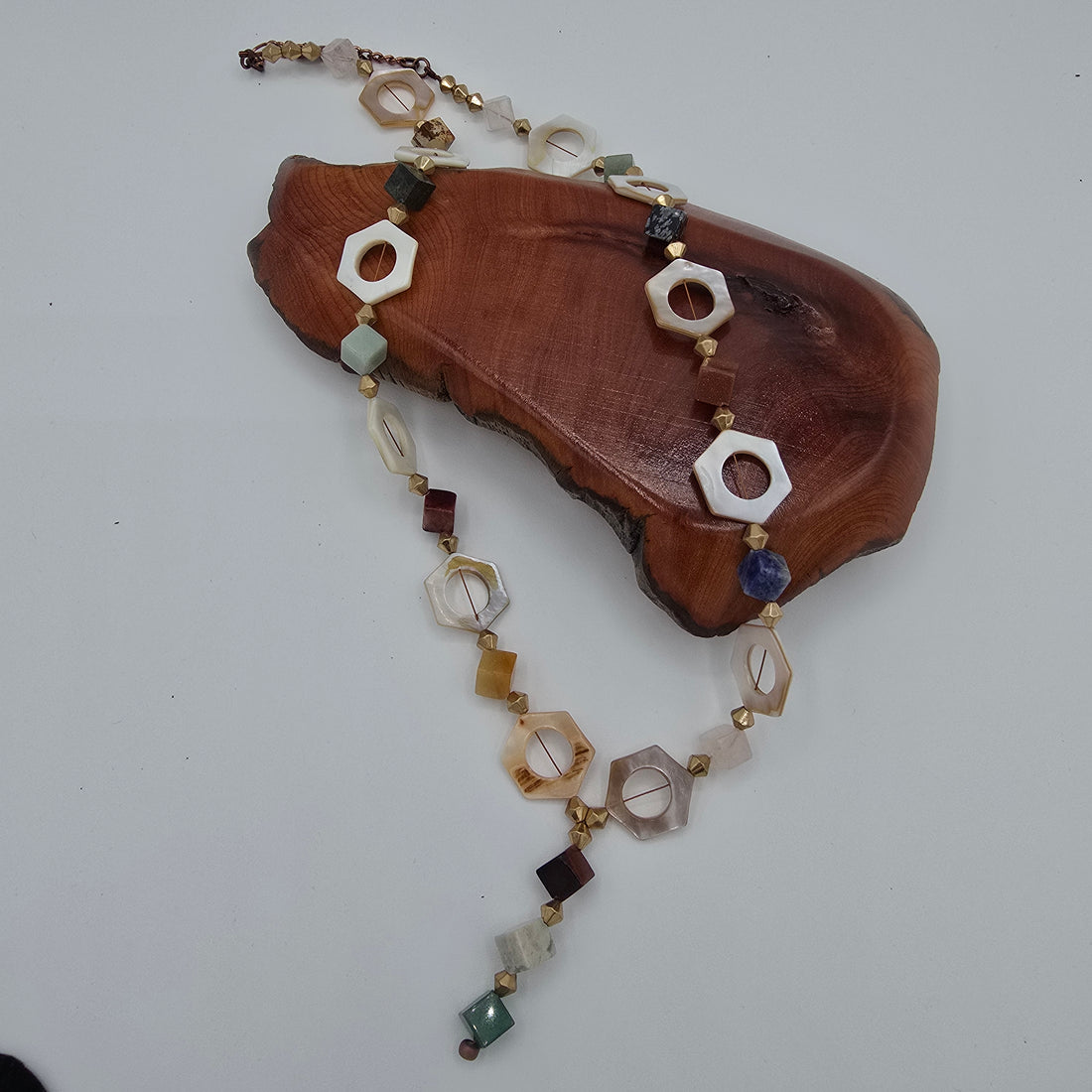 Mother of Pearl Hexagons "Y" Necklace With Assorted Gemstones