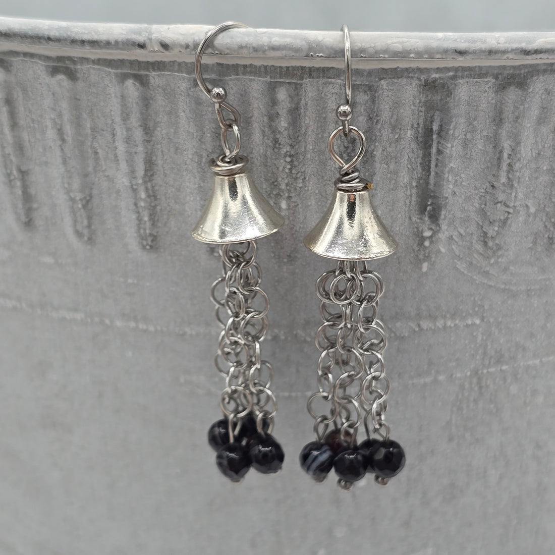 Black Banded Agate on Silver Tone Chain Tassel Earrings on Stainless Steel Ear Wires
