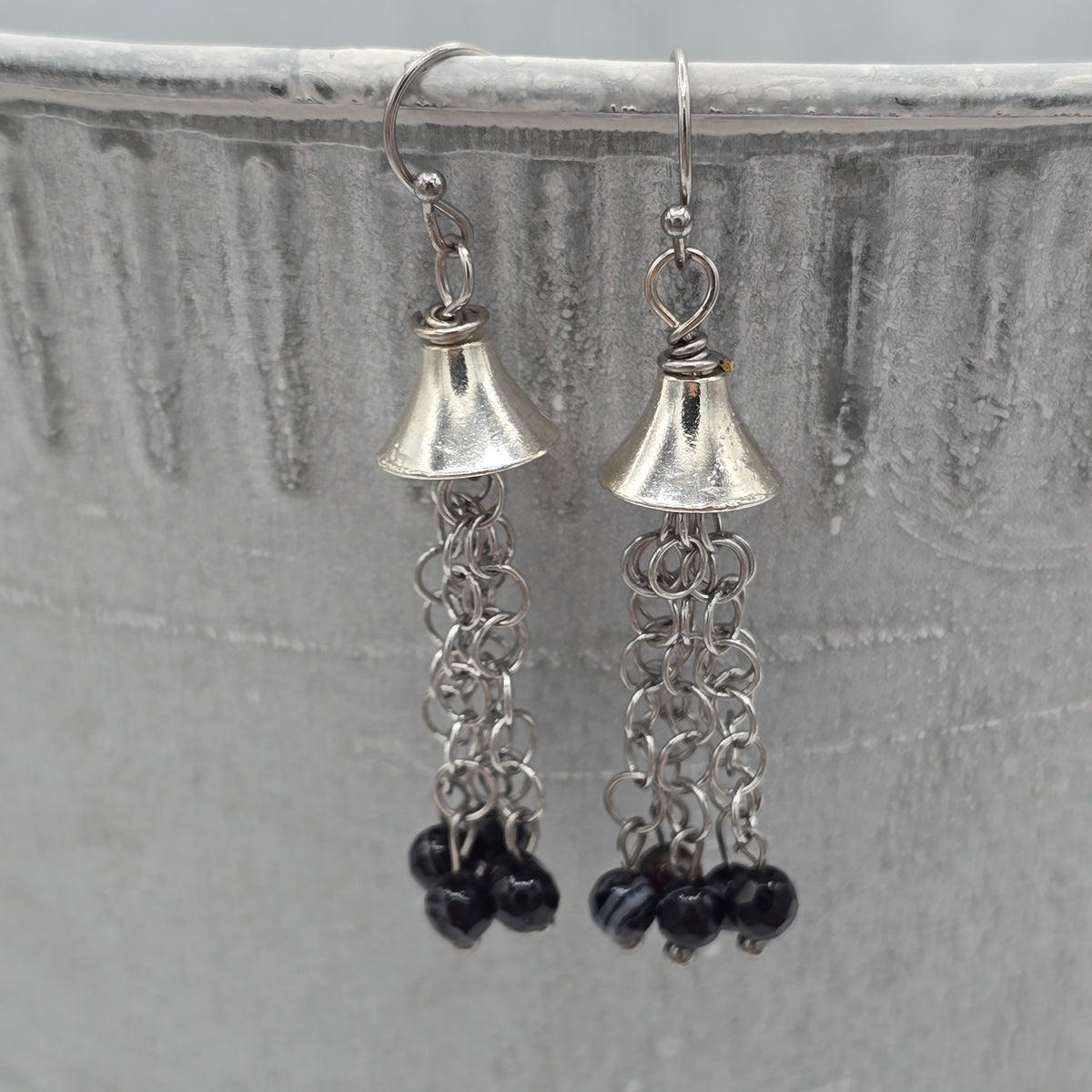Black Banded Agate on Silver Tone Chain Tassel Earrings on Stainless Steel Ear Wires