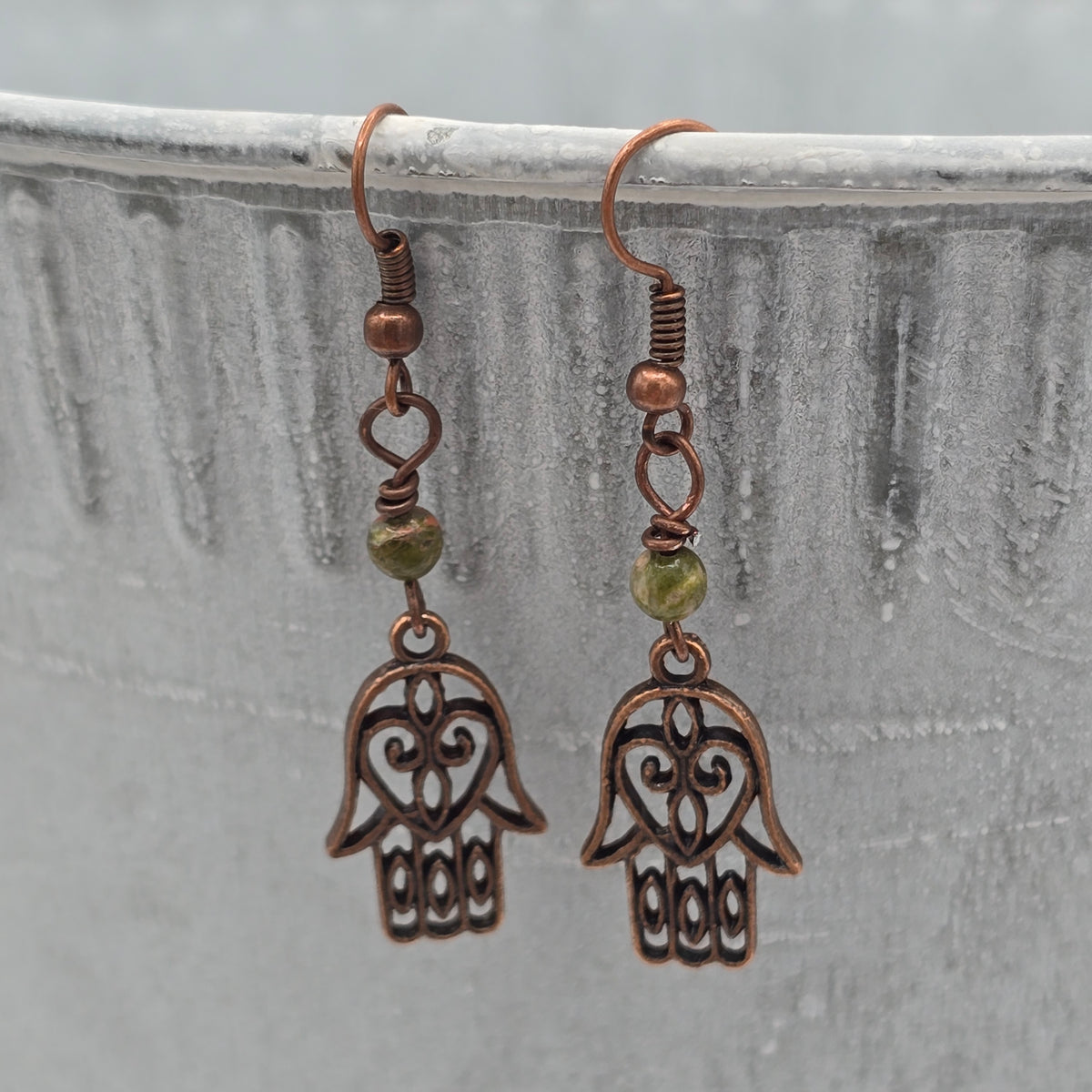 Antique Copper Hamsa Hand With Unakite on Antique Copper Ear Wires