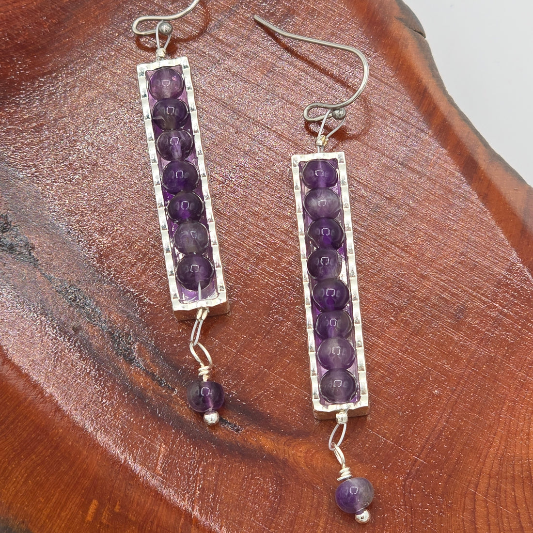 Amethyst in Silver Tone Scalloped Frame on Stainless Steel Ear Wires
