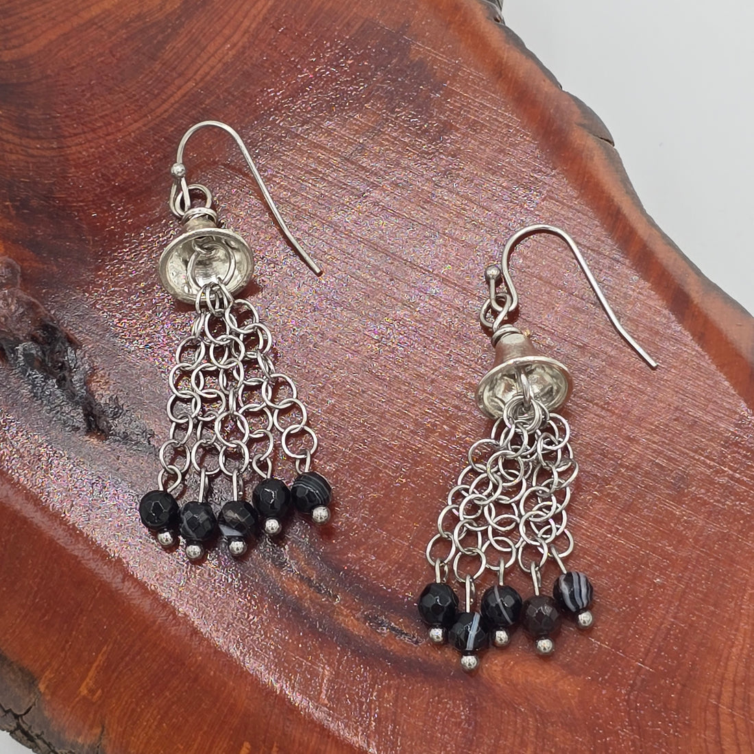 Black Banded Agate on Silver Tone Chain Tassel Earrings on Stainless Steel Ear Wires