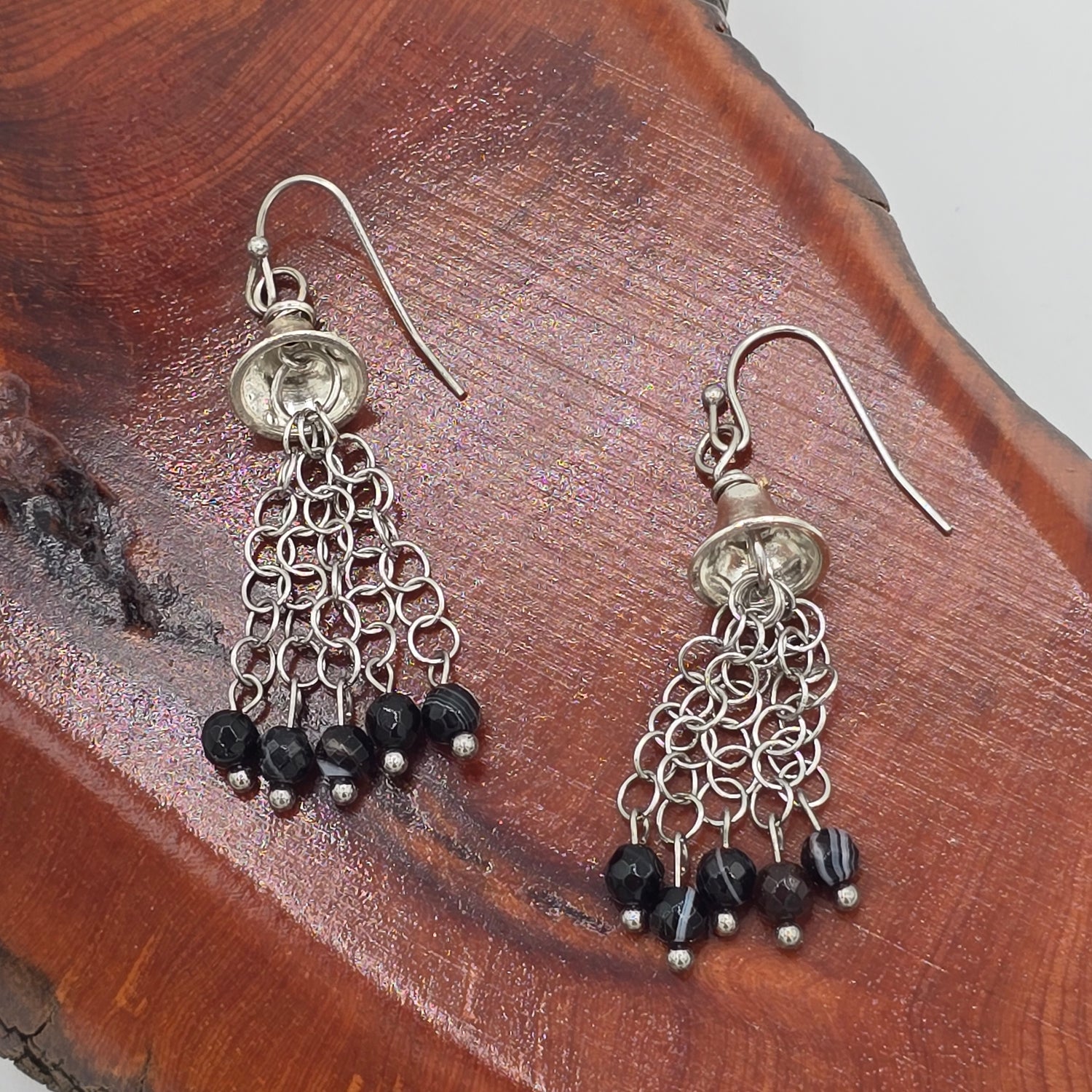 Black Banded Agate on Silver Tone Chain Tassel Earrings on Stainless Steel Ear Wires
