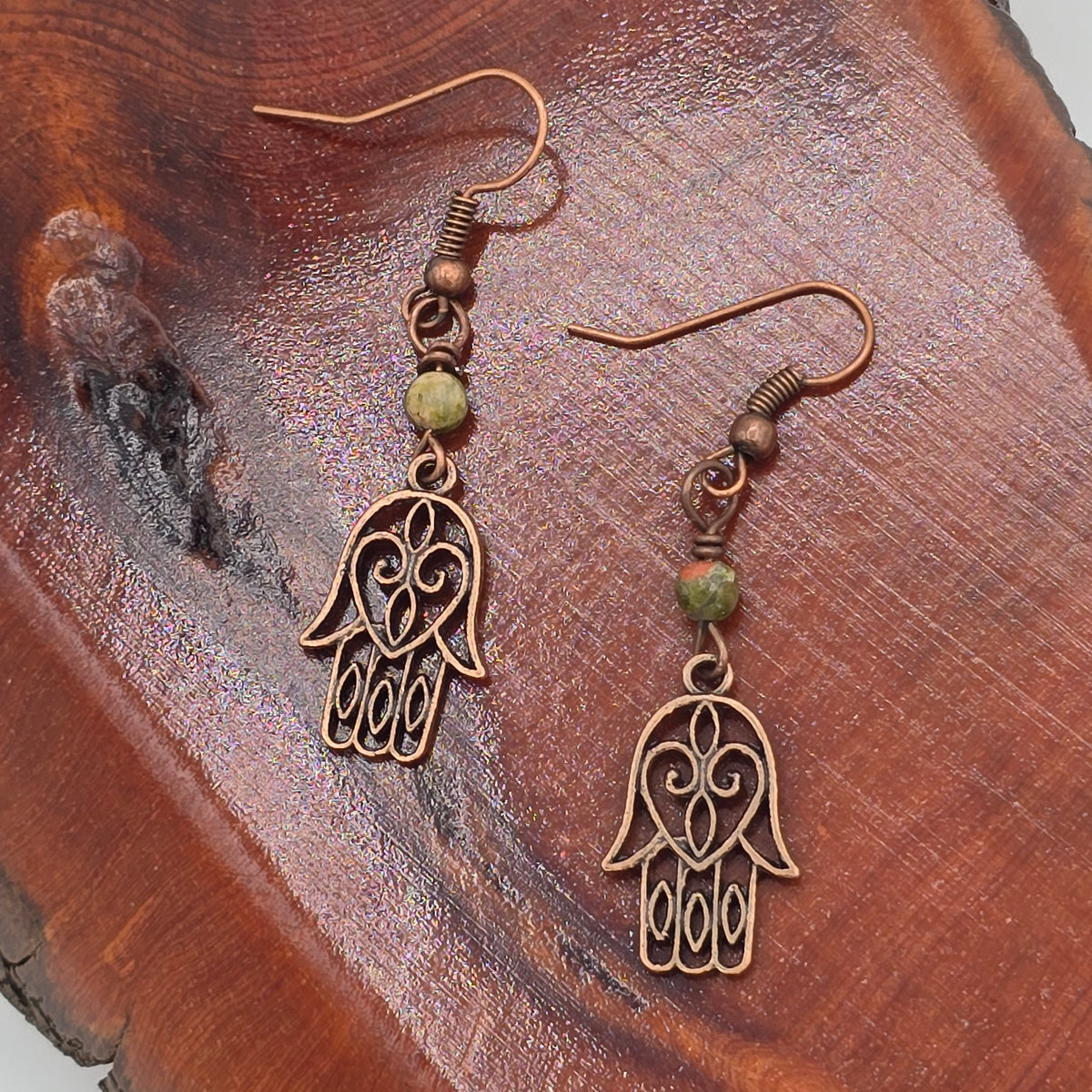 Antique Copper Hamsa Hand With Unakite on Antique Copper Ear Wires