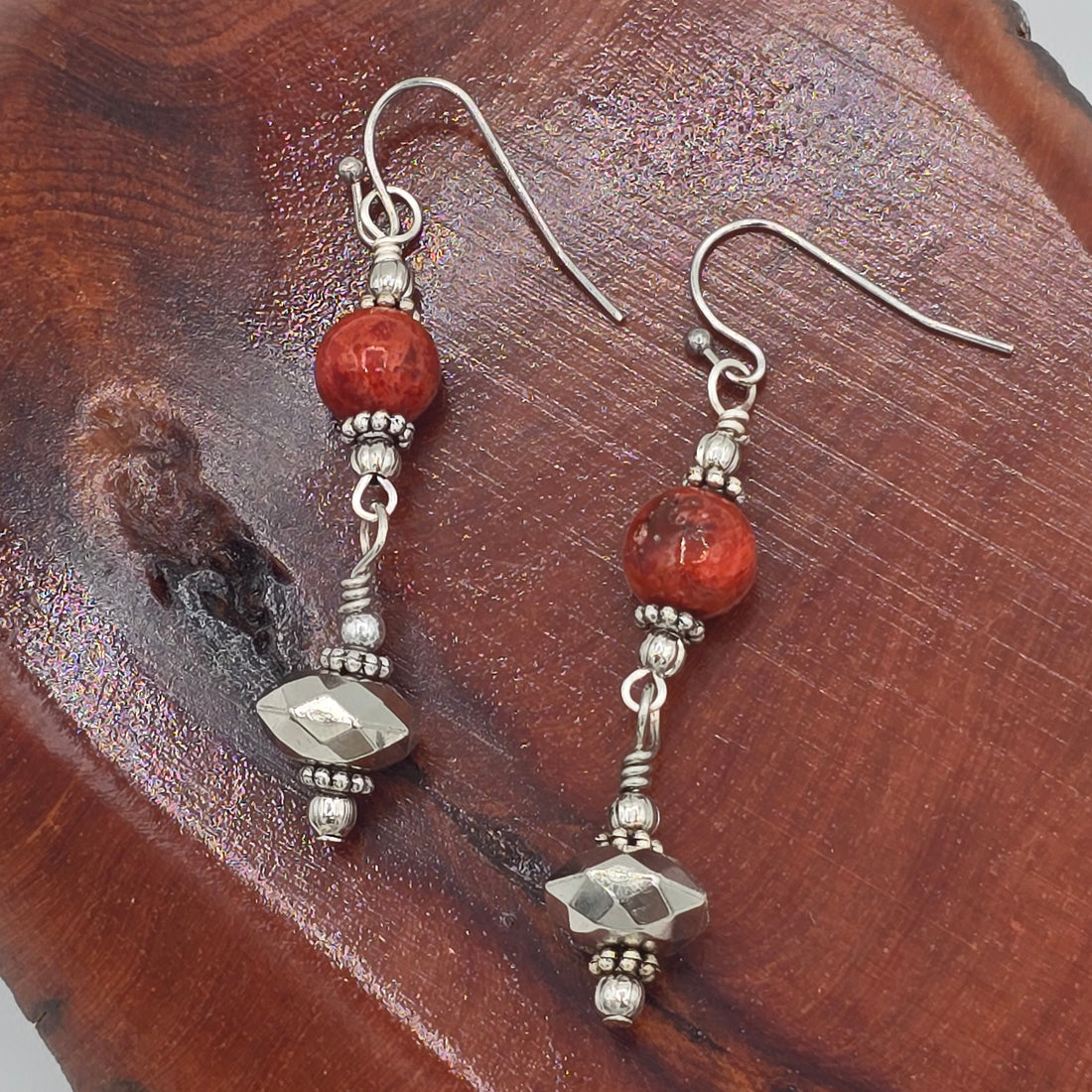 Red Jasper Rounds &amp; Silver Tone Crystals Earrings on Stainless Steel Ear Wires