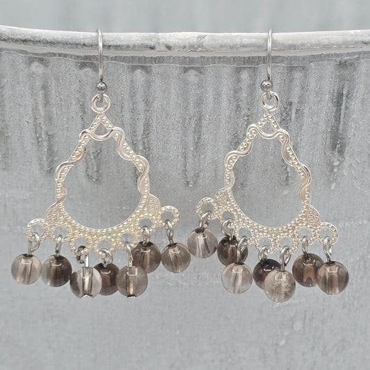 Smoky Quartz Rounds on Silver Tone Chandeliers