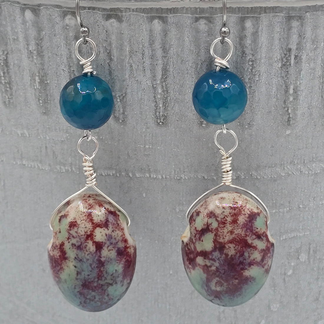 Speckled Ceramic Ovals &amp; Blue Agate on Stainless Steel Ear Wires