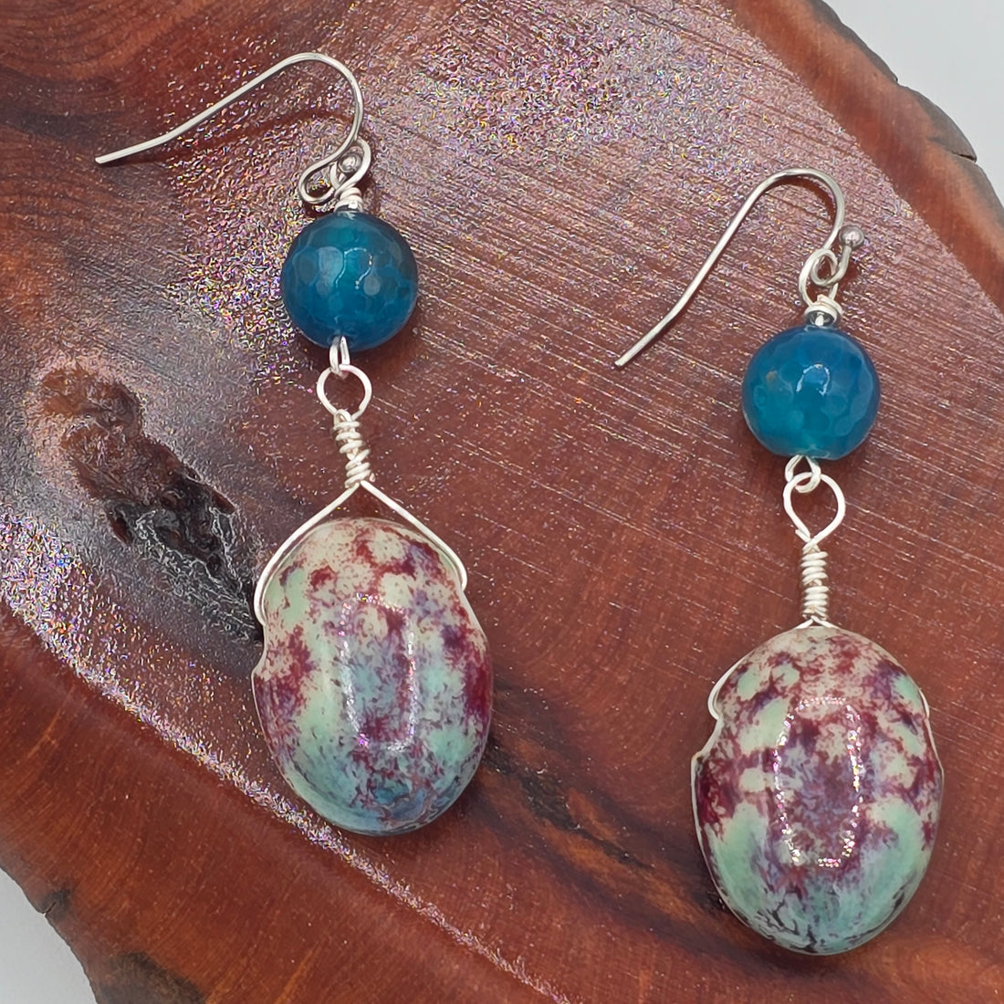 Speckled Ceramic Ovals &amp; Blue Agate on Stainless Steel Ear Wires