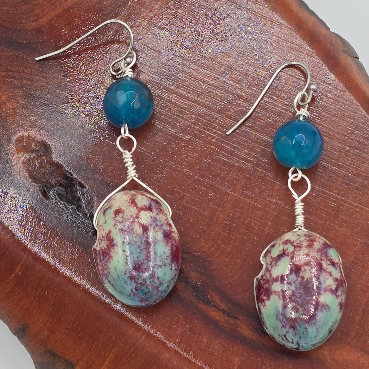 Speckled Ceramic Ovals &amp; Blue Agate on Stainless Steel Ear Wires