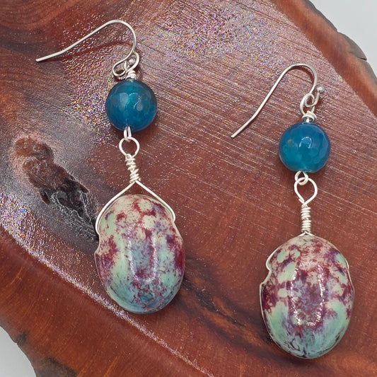 Speckled Ceramic Ovals & Blue Agate on Stainless Steel Ear Wires