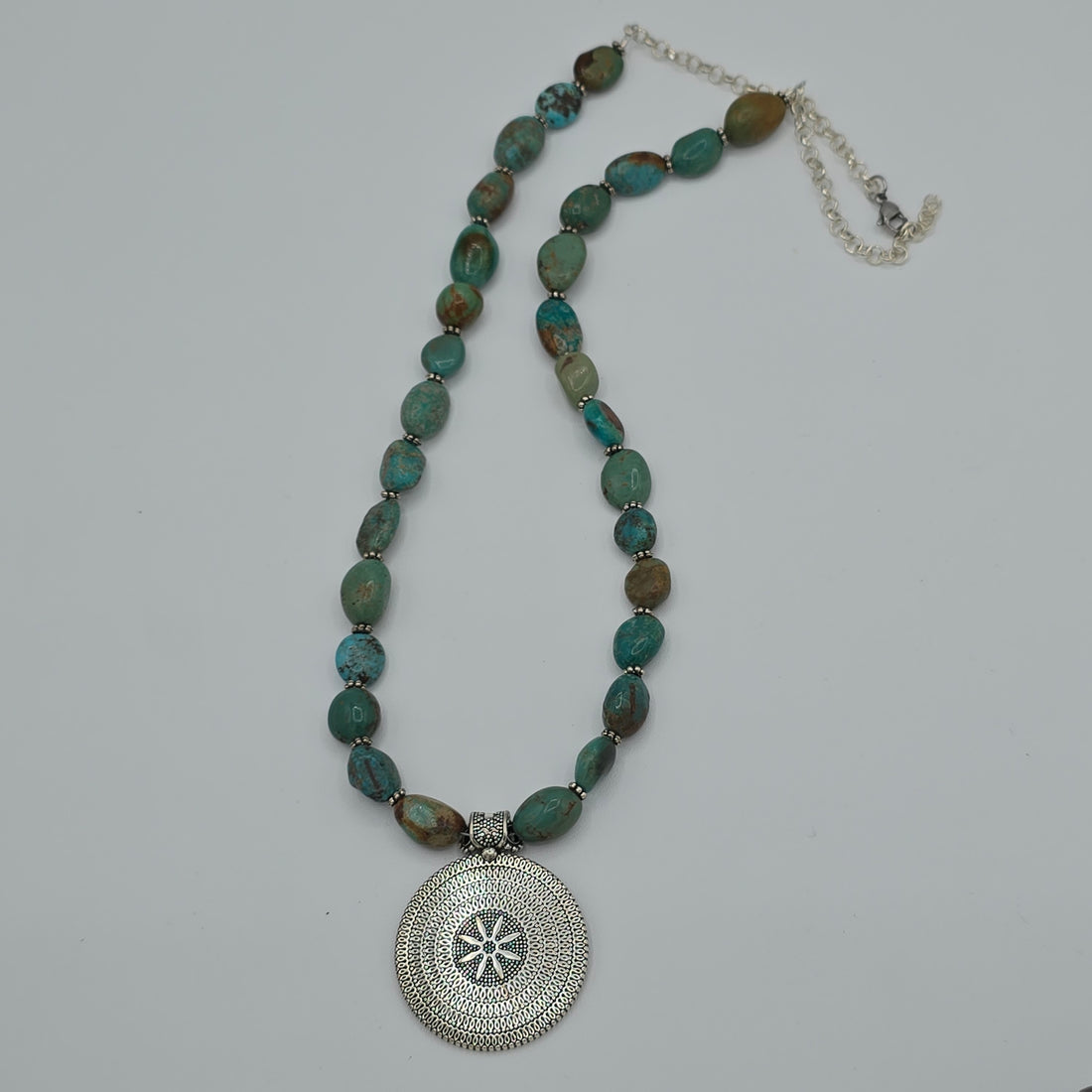 Beautiful Genuine Turquoise Nuggets With Etched Silver Focal &amp; Silver Accents