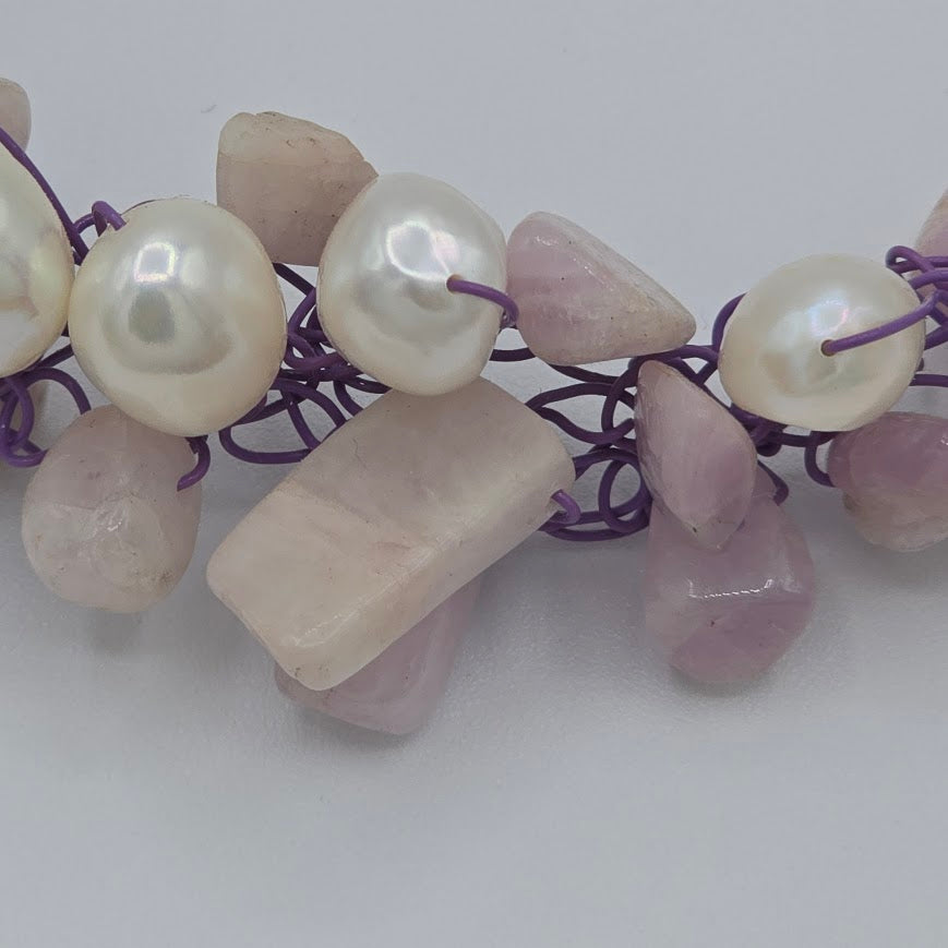 Beautiful Wire Crochet Kunzite and Pearl Necklace and Stainless Steel Chain