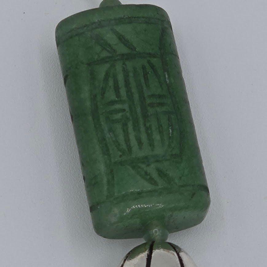 Carved Green Aventurine Focals, Beads &amp; Tassel on Silver Tone Chain and Natural Tan Leather