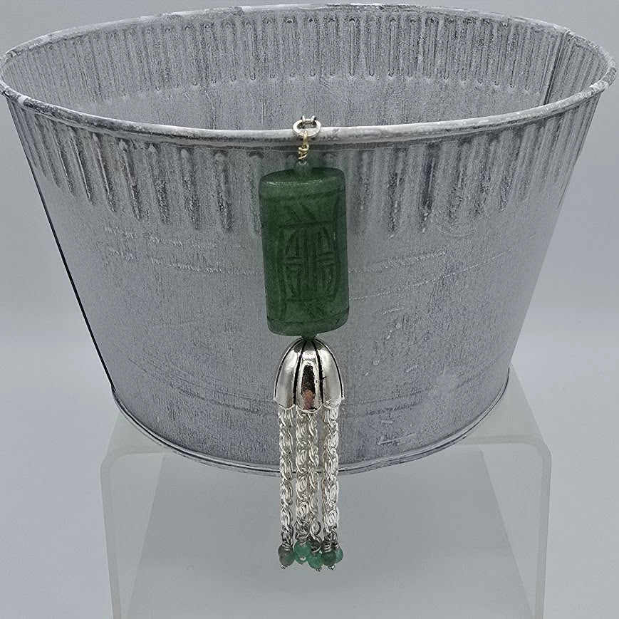 Carved Green Aventurine Focals, Beads &amp; Tassel on Silver Tone Chain and Natural Tan Leather