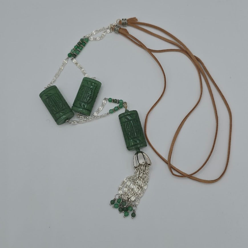 Carved Green Aventurine Focals, Beads &amp; Tassel on Silver Tone Chain and Natural Tan Leather